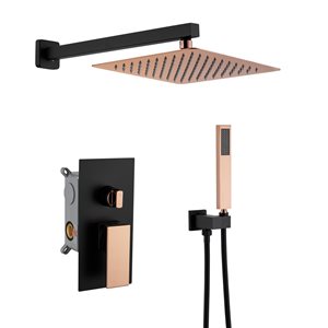 Mondawe 2-Function Wall Mount Square Complete Shower System with Rough-In Valve - Rose Gold and Black