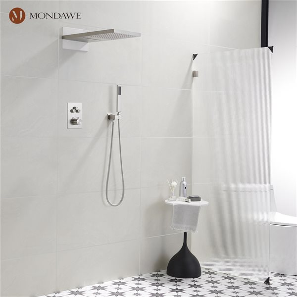 Mondawe 2-Function Thermostatic Complete Shower System with Rough-In Valve - Brushed Nickel