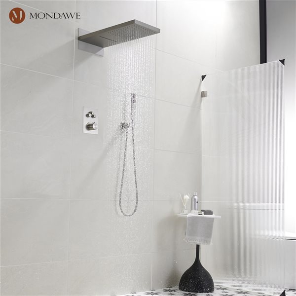 Mondawe 2-Function Thermostatic Complete Shower System with Rough-In Valve - Brushed Nickel