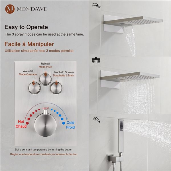 Mondawe 2-Function Thermostatic Complete Shower System with Rough-In Valve - Brushed Nickel