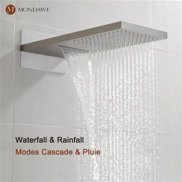 Mondawe 2-Function Thermostatic Complete Shower System with Rough-In Valve - Brushed Nickel