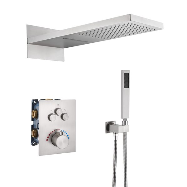 Mondawe 2-Function Thermostatic Complete Shower System with Rough-In Valve - Brushed Nickel