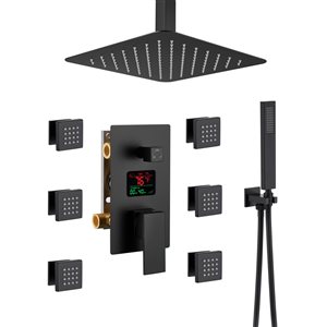 Mondawe 12-in Ceiling Mount Thermostatic Rain Shower System with Digital Display - Black