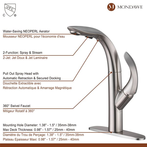 Mondawe Brushed Nickel 2-Function Pull-down 1-handle Deck Mount Kitchen Faucet