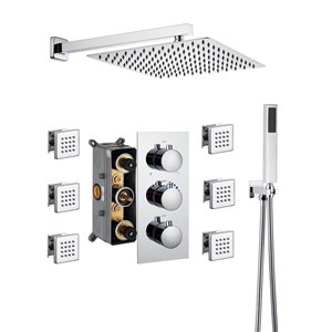 Mondawe 12-in Wall Mount Thermostatic Rain Shower System with 6 Body Jets - Chrome