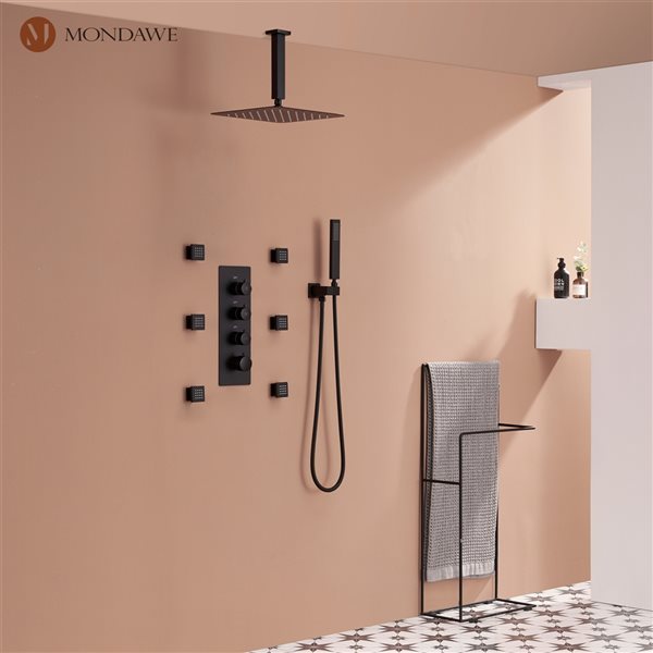 Mondawe 12-in Celling Mount Thermostatic Rain Shower System with 6 Body Jets - Black