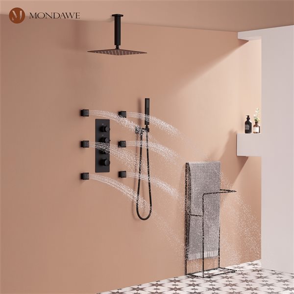 Mondawe 12-in Celling Mount Thermostatic Rain Shower System with 6 Body Jets - Black