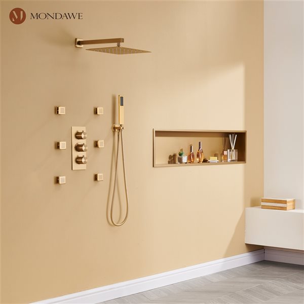 Mondawe 12-in Wall Mount Thermostatic Rain Shower System with 6 Body Jets - Brushed Gold