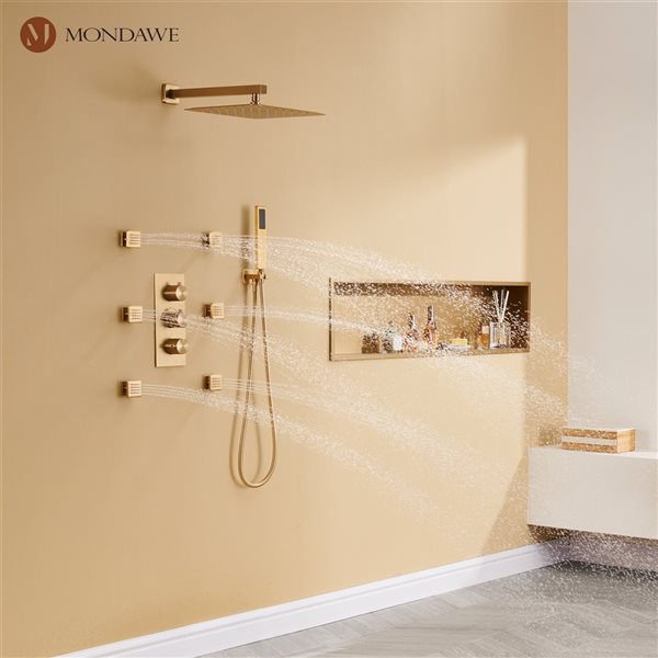 Mondawe 12-in Wall Mount Thermostatic Rain Shower System with 6 Body Jets - Brushed Gold