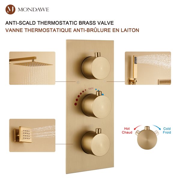 Mondawe 12-in Wall Mount Thermostatic Rain Shower System with 6 Body Jets - Brushed Gold