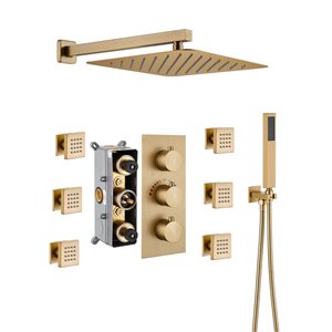 Mondawe 12-in Wall Mount Thermostatic Rain Shower System with 6 Body Jets - Brushed Gold