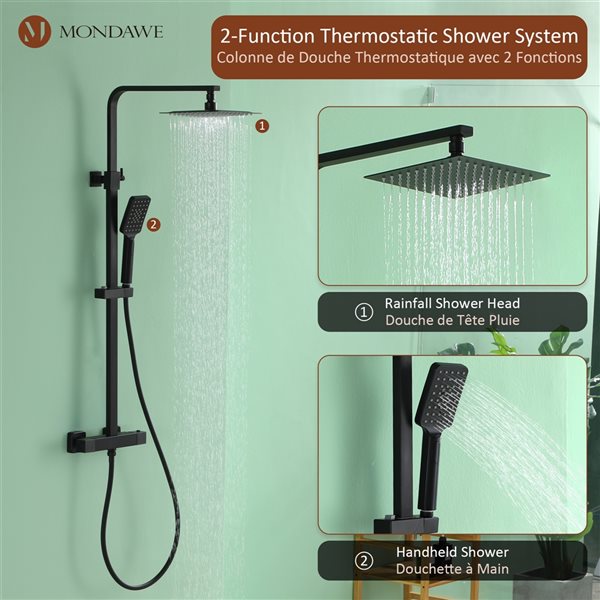 Mondawe Thermostatic Shower Bar System with Square Shower Headin Matte