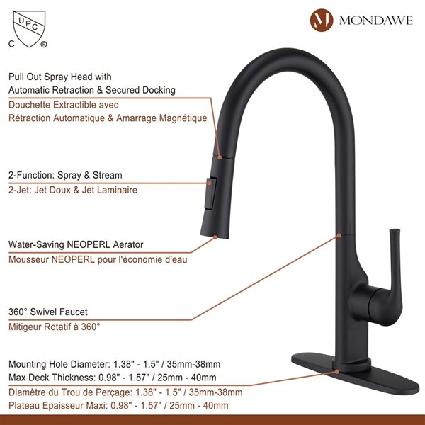Mondawe Matte Black 2-Function Pull-down 1-handle Deck Mount Kitchen Faucet