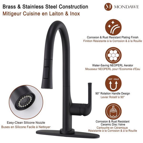 Mondawe Matte Black 2-Function Pull-down 1-handle Deck Mount Kitchen Faucet