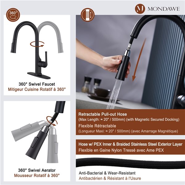 Mondawe Matte Black 2-Function Pull-down 1-handle Deck Mount Kitchen Faucet