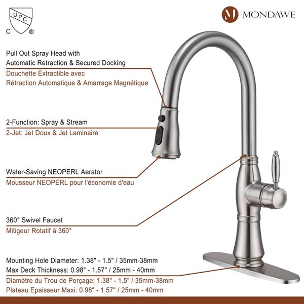 Mondawe Brushed Nickel 2-Function Pull-down 1-handle Deck Mount Kitchen Faucet