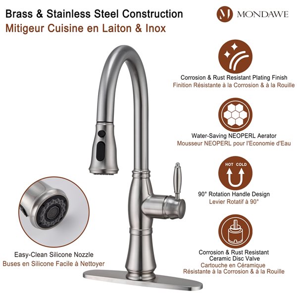 Mondawe Brushed Nickel 2-Function Pull-down 1-handle Deck Mount Kitchen Faucet