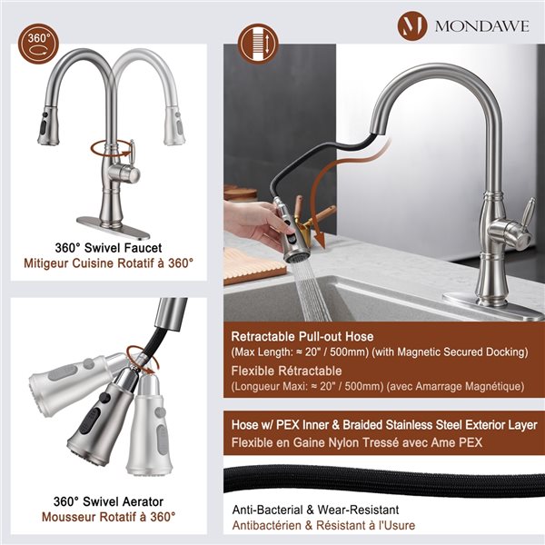 Mondawe Brushed Nickel 2-Function Pull-down 1-handle Deck Mount Kitchen Faucet