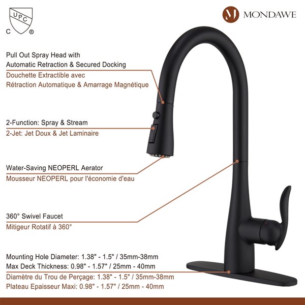 Mondawe Matte Black 2-Function Pull-down 1-handle Deck Mount Kitchen Faucet