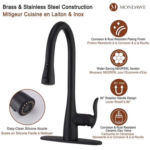 Mondawe Matte Black 2-Function Pull-down 1-handle Deck Mount Kitchen Faucet