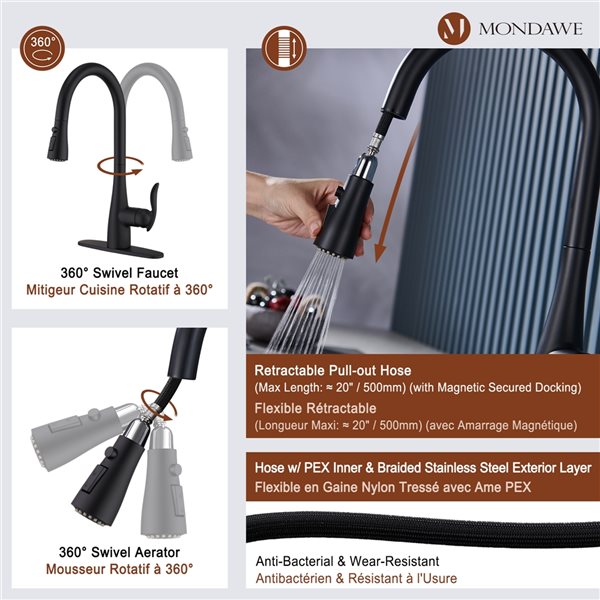 Mondawe Matte Black 2-Function Pull-down 1-handle Deck Mount Kitchen Faucet