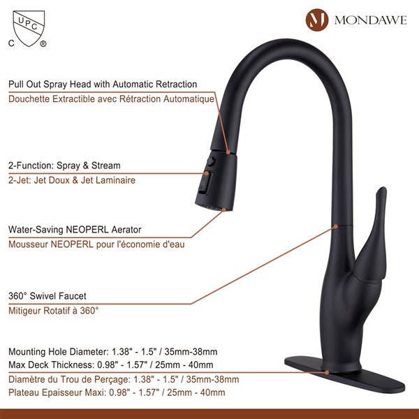Mondawe Matte Black 2-Function Pull-down 1-handle Deck Mount Kitchen Faucet