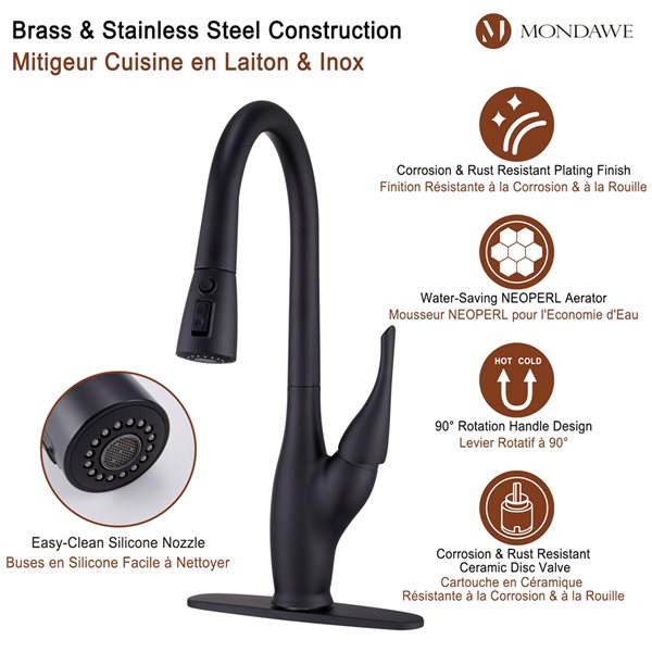 Mondawe Matte Black 2-Function Pull-down 1-handle Deck Mount Kitchen Faucet