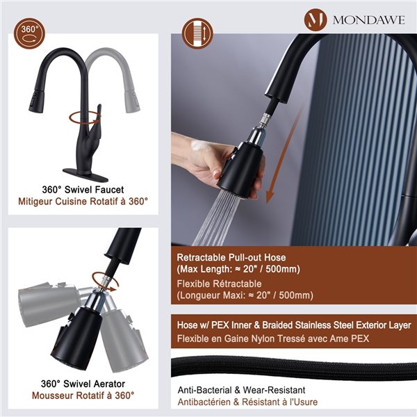 Mondawe Matte Black 2-Function Pull-down 1-handle Deck Mount Kitchen Faucet