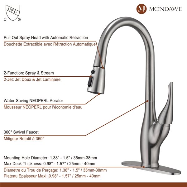 Mondawe Brushed Nickel 2-Function Pull-down 1-handle Deck Mount Kitchen Faucet