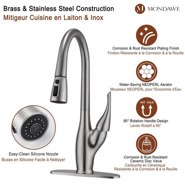 Mondawe Brushed Nickel 2-Function Pull-down 1-handle Deck Mount Kitchen Faucet