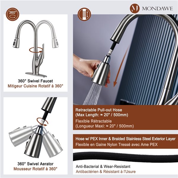 Mondawe Brushed Nickel 2-Function Pull-down 1-handle Deck Mount Kitchen Faucet
