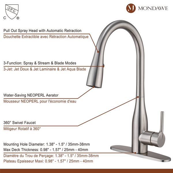 Mondawe Brushed Nickel 3-Function Pull-down 1-handle Deck Mount Kitchen Faucet