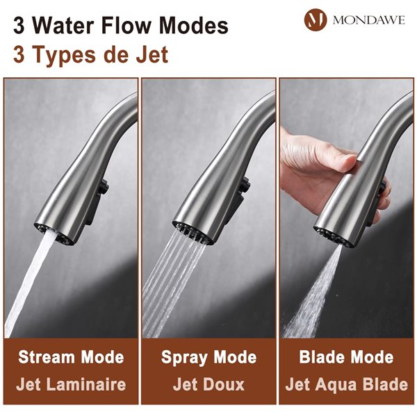 Mondawe Brushed Nickel 3-Function Pull-down 1-handle Deck Mount Kitchen Faucet