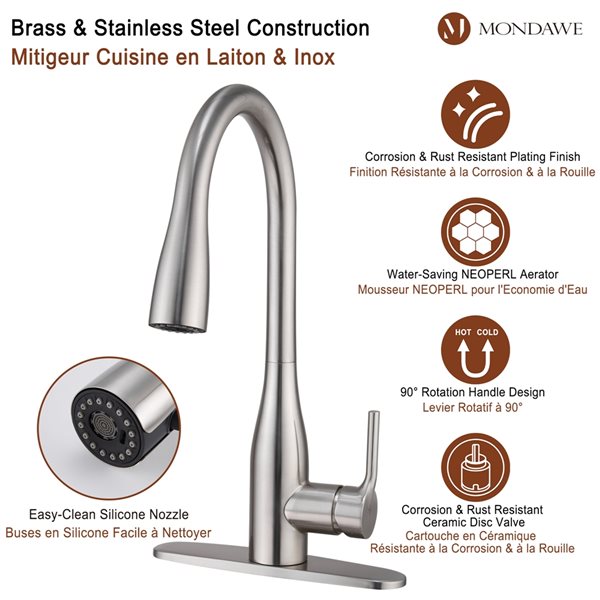 Mondawe Brushed Nickel 3-Function Pull-down 1-handle Deck Mount Kitchen Faucet
