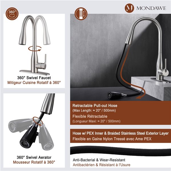 Mondawe Brushed Nickel 3-Function Pull-down 1-handle Deck Mount Kitchen Faucet