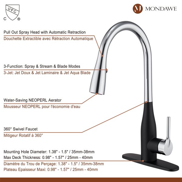 Mondawe Black Chrome 3-Function Pull-down 1-handle Deck Mount Kitchen Faucet
