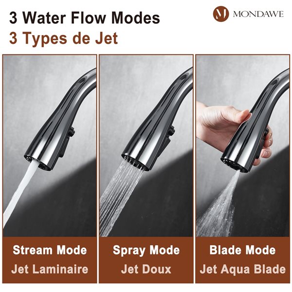 Mondawe Black Chrome 3-Function Pull-down 1-handle Deck Mount Kitchen Faucet