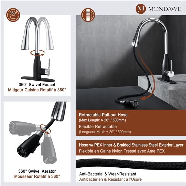 Mondawe Black Chrome 3-Function Pull-down 1-handle Deck Mount Kitchen Faucet