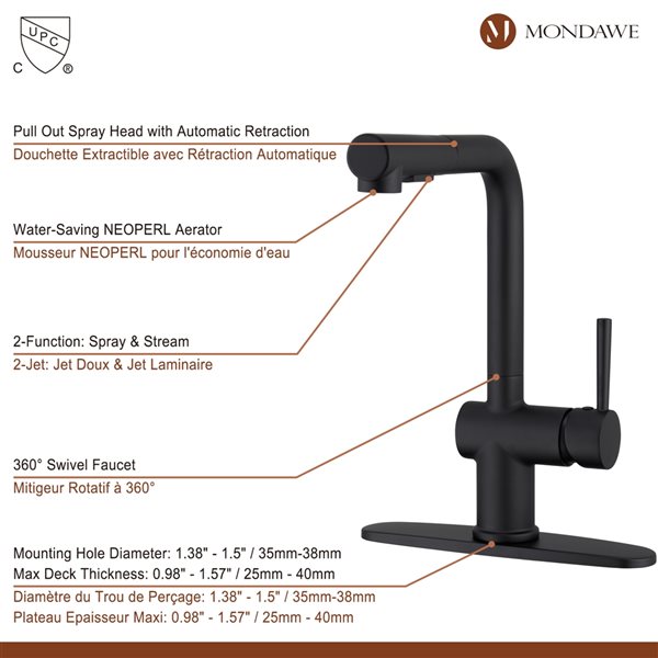Mondawe Matte Black 2-Function Pull-down 1-handle Deck Mount Kitchen Faucet