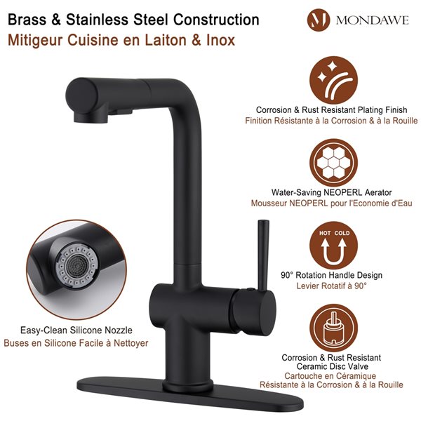 Mondawe Matte Black 2-Function Pull-down 1-handle Deck Mount Kitchen Faucet