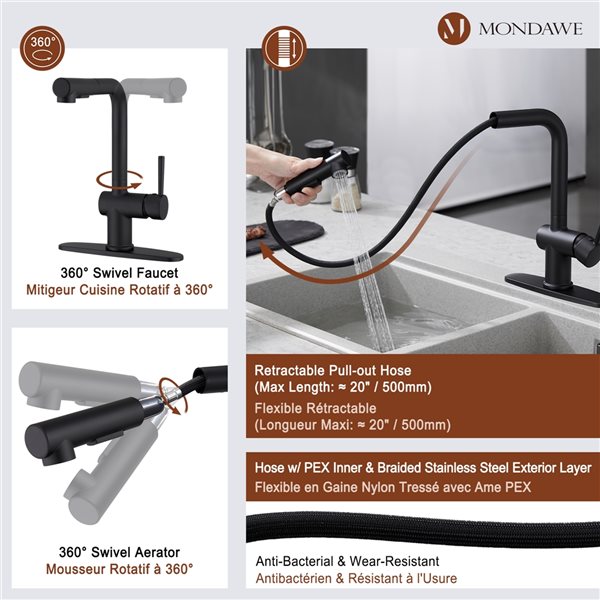 Mondawe Matte Black 2-Function Pull-down 1-handle Deck Mount Kitchen Faucet