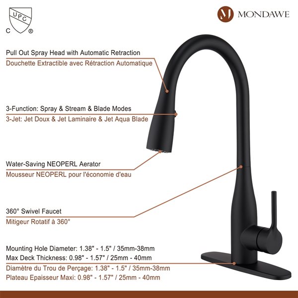 Mondawe Matte Black 3-Function Pull-down 1-handle Deck Mount Kitchen Faucet