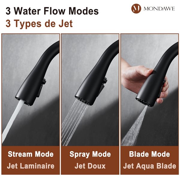 Mondawe Matte Black 3-Function Pull-down 1-handle Deck Mount Kitchen Faucet