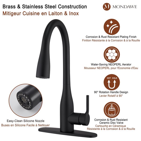 Mondawe Matte Black 3-Function Pull-down 1-handle Deck Mount Kitchen Faucet