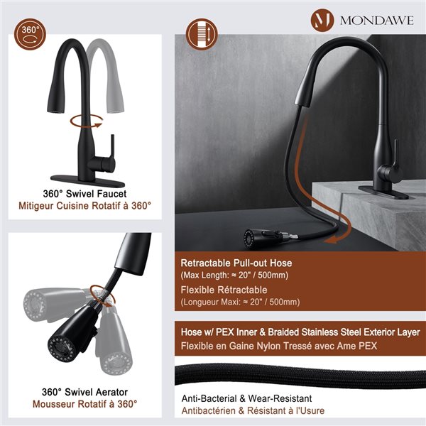 Mondawe Matte Black 3-Function Pull-down 1-handle Deck Mount Kitchen Faucet