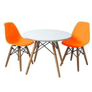 TAKE ME HOME White Round Kid's Play Table with Set of 2 Orange Chairs