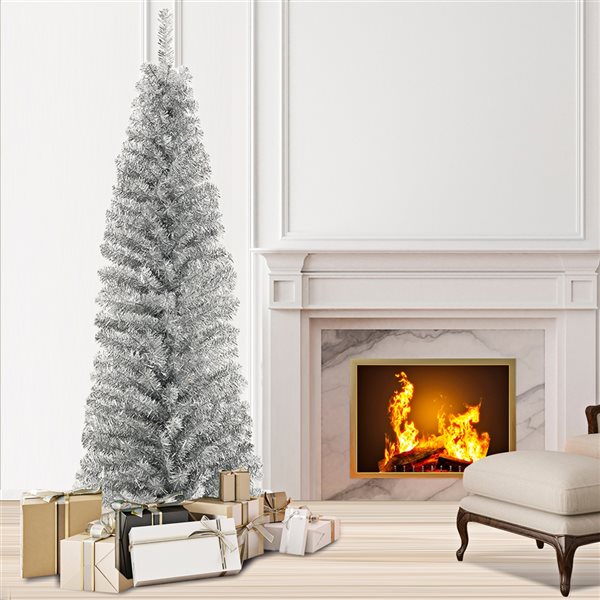 Costway 6ft Silver Tinsel Tree Unlit Slim Pencil Christmas Tree with