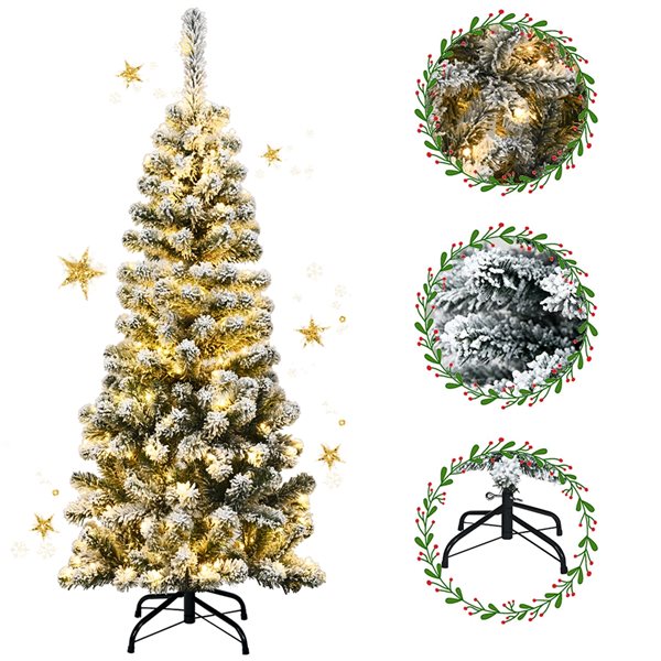 Costway 4.5-ft Pre-Lit Snow Flocked Artificial Pencil Christmas Pine Tree with 150 LED Lights