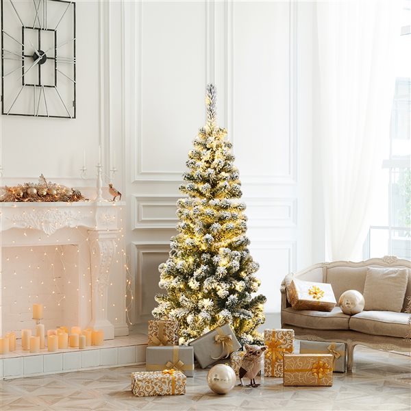 Costway 4.5-ft Pre-Lit Snow Flocked Artificial Pencil Christmas Pine Tree with 150 LED Lights