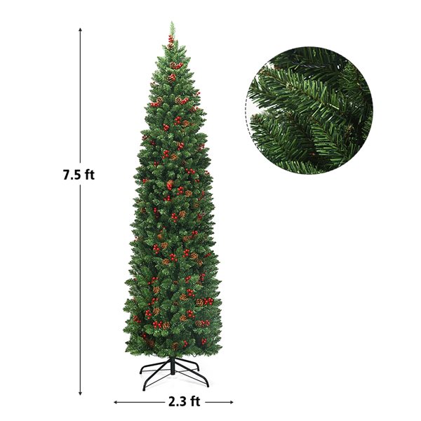 Costway 7.5ft PreLit Hinged Pencil Christmas Tree with Pine Cones Red